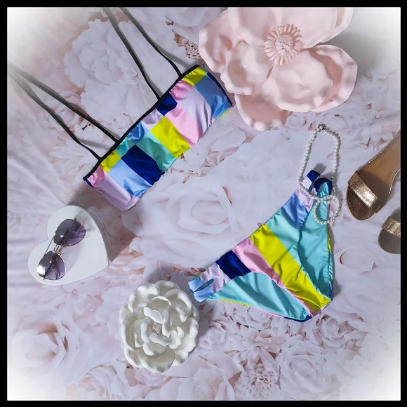 XL The Bikini Lab Color Block Shoulder Tie Bikini Set - Picture 1 of 9